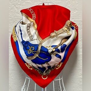 Denise Francelle Paris Red White Gold Blue Equestrian Western Scarf Vintage